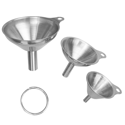 Stainless steel mini funnel set with three funnels and a sealing ring