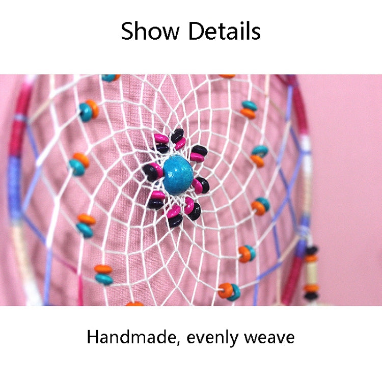Dream catcher detail: woven mesh with blue flower bead centerpiece and colorful accents