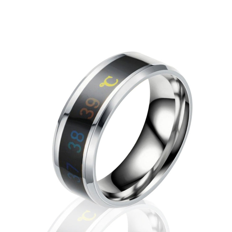 Stainless steel smart temperature display ring with black sensor band and rainbow digits