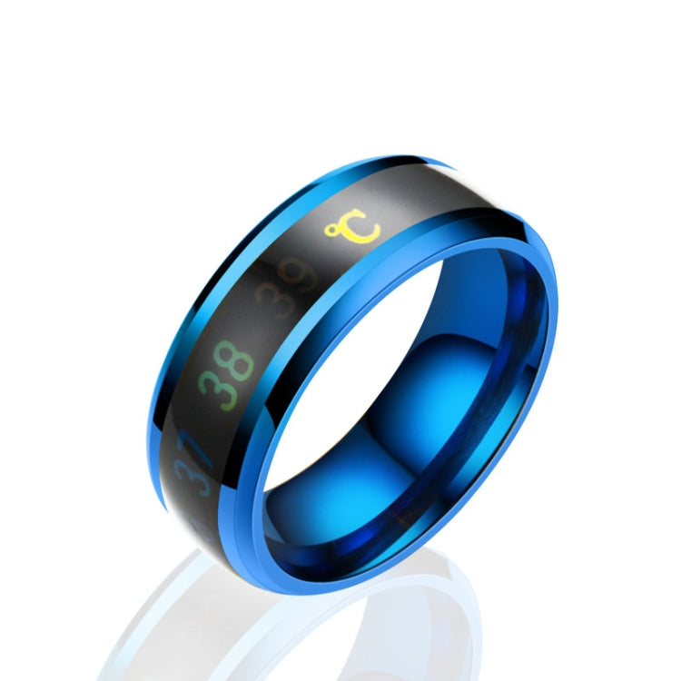 Smart temperature display ring with blue outer finish and colored temperature digits on band