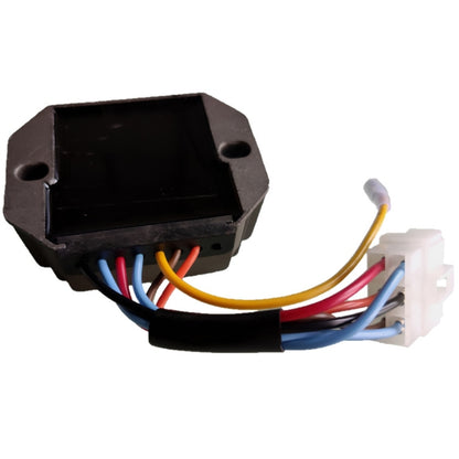 Motorcycle rectifier/regulator with black housing and multicolor wire leads, white connector.