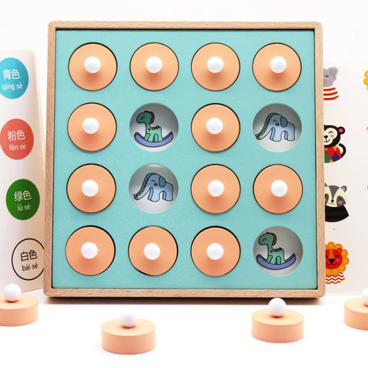 Wooden memory board game with teal panel and orange animal tiles with white pegs