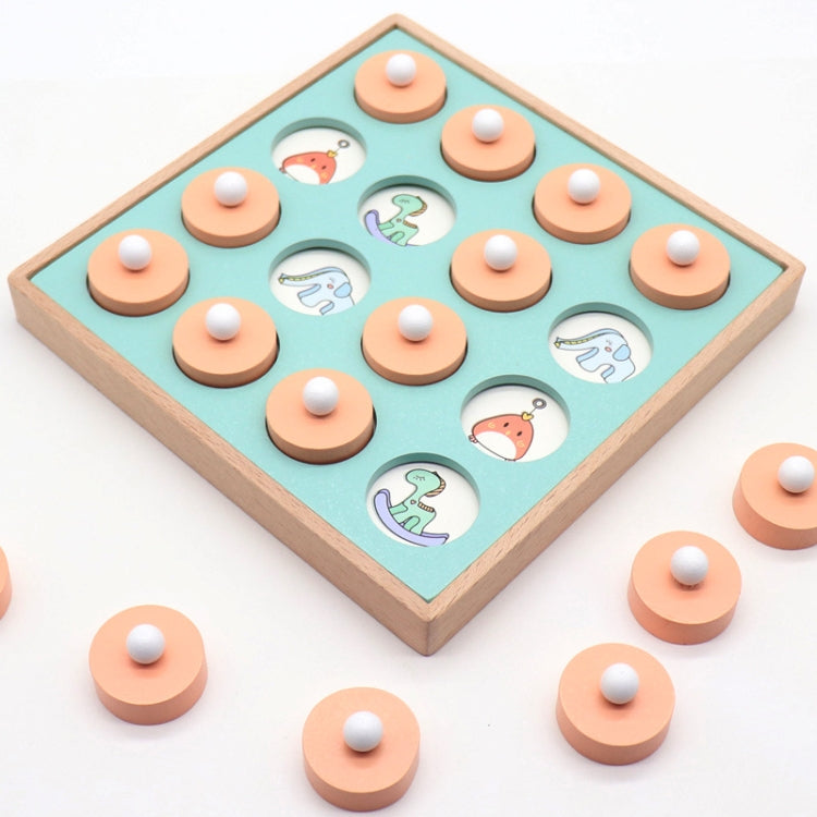 Square wooden memory board game with teal felt and cartoon animal tiles plus white pegs