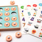 Wooden memory board with teal panel and animal cutouts; includes number/letter activity cards