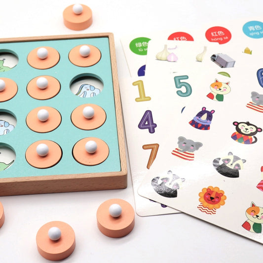 Wooden memory board with teal panel and animal cutouts; includes number/letter activity cards