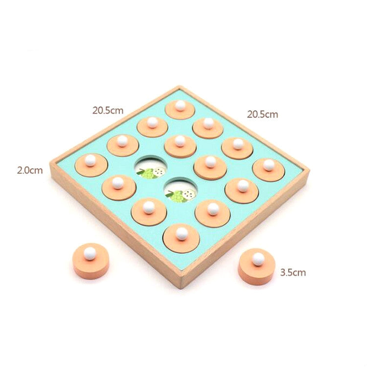 Wooden memory board game with teal insert and orange circular tiles with white pegs