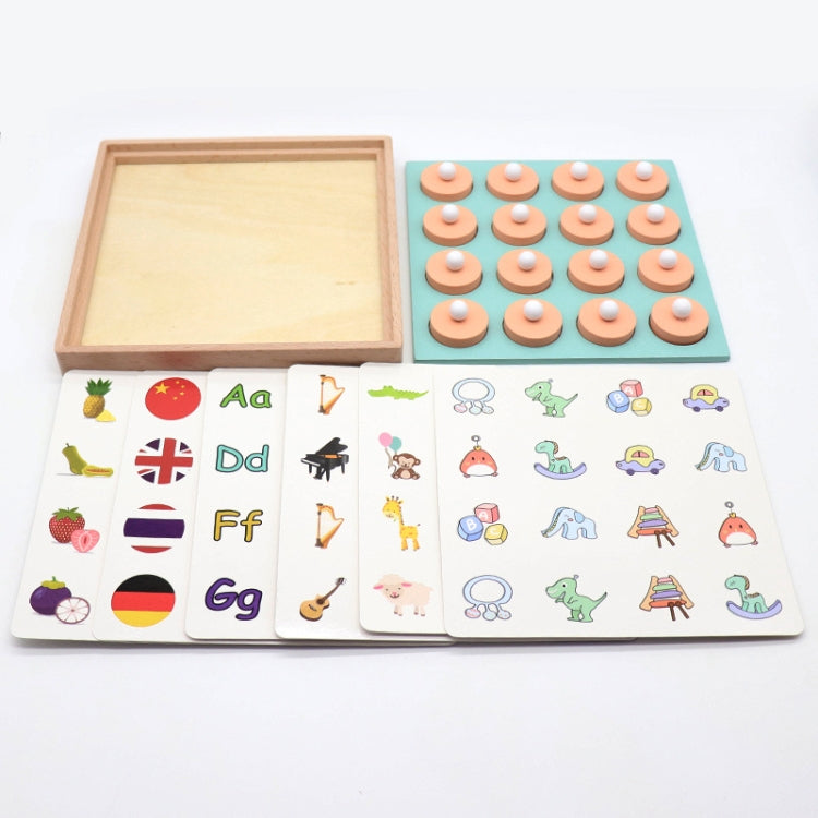 Wooden memory board game with teal panel and number/letter instruction cards