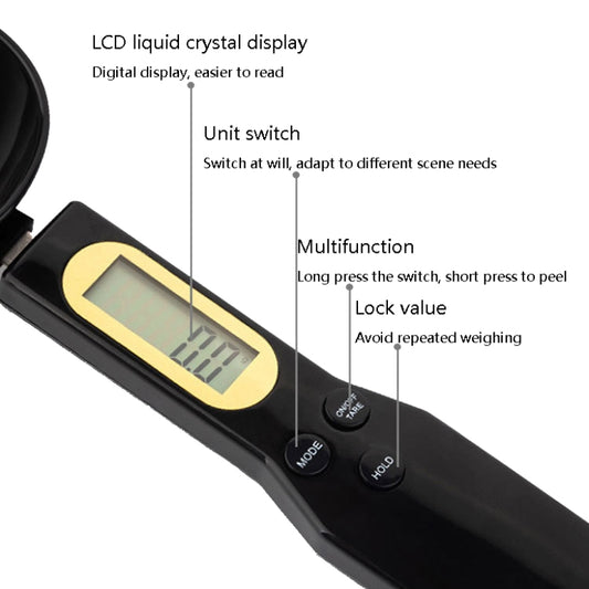 Black digital measuring spoon scale with LCD screen and button controls