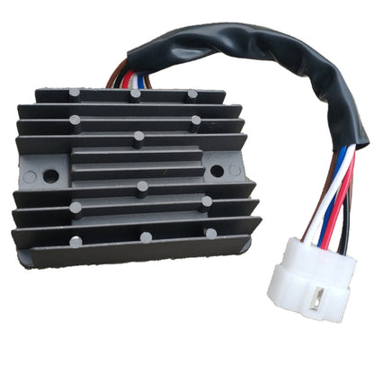 Black finned voltage regulator rectifier with wire harness and white plug connector