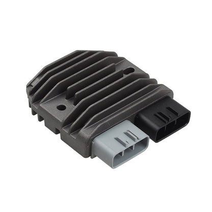 Motorcycle rectifier/regulator with black finned heat sink and two electrical connectors