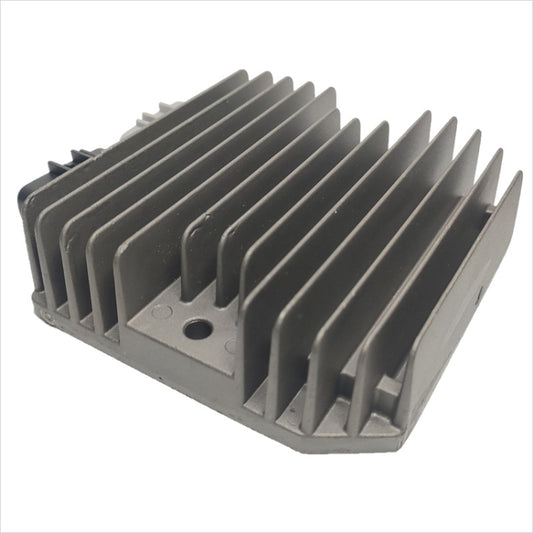 Motorcycle rectifier with aluminum gray heatsink fins and mounting hole plate