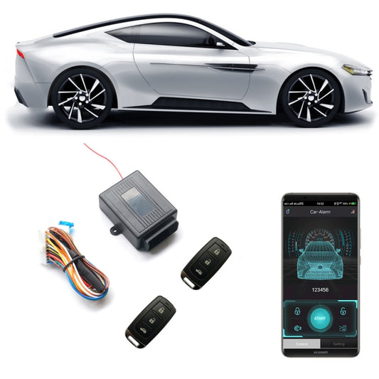 Car keyless entry central lock controller kit with two key fobs, wiring, and phone app