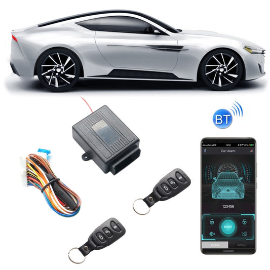 Keyless entry kit with controller box, two key fobs, and phone app screen with BT
