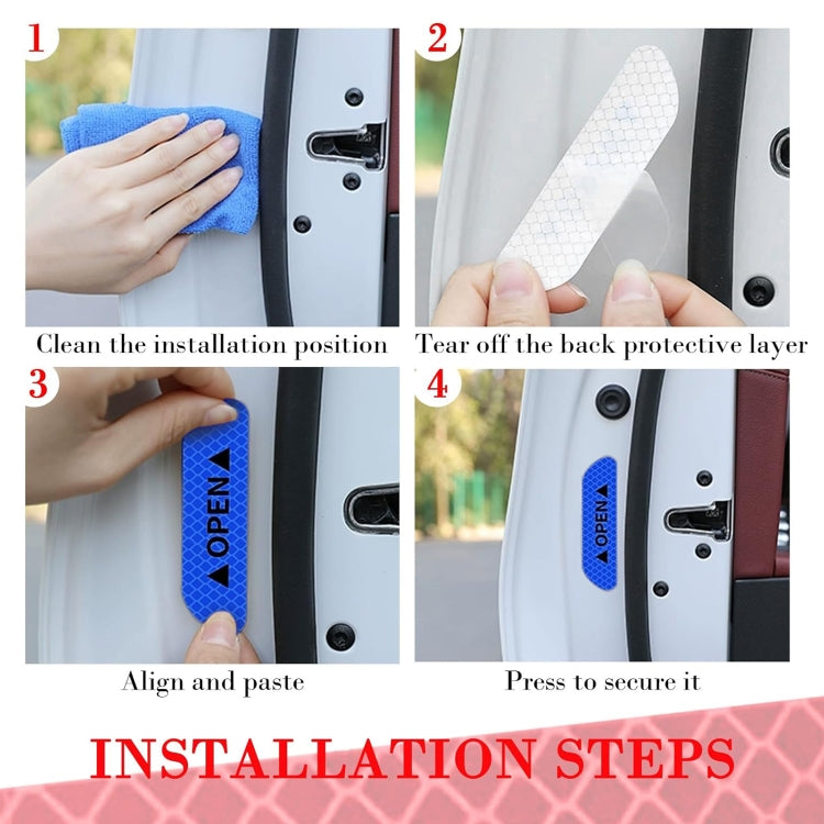 Installation steps for reflective OPEN door sticker, with hands applying to car