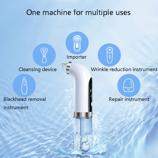 White electric facial pore suction device with clear reservoir and nozzle, water droplets