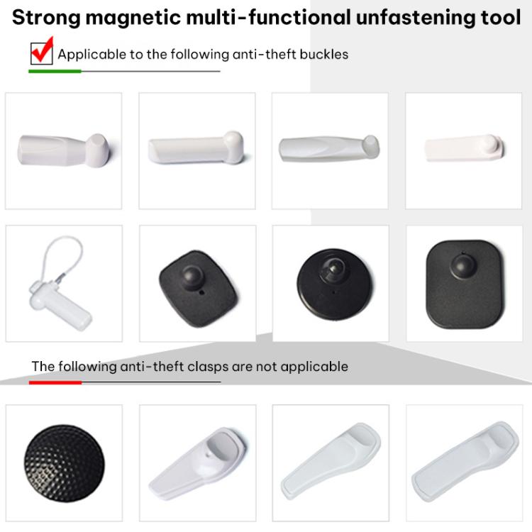 Unfastening tool compatibility chart showing various anti-theft buckle styles