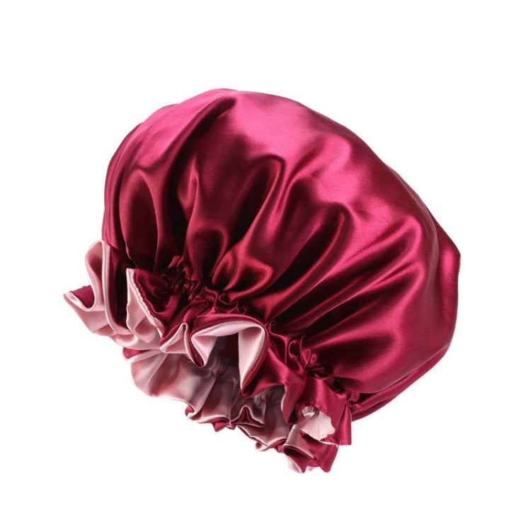 Magenta satin round sleep hat with gathered crown and light pink ruffle trim