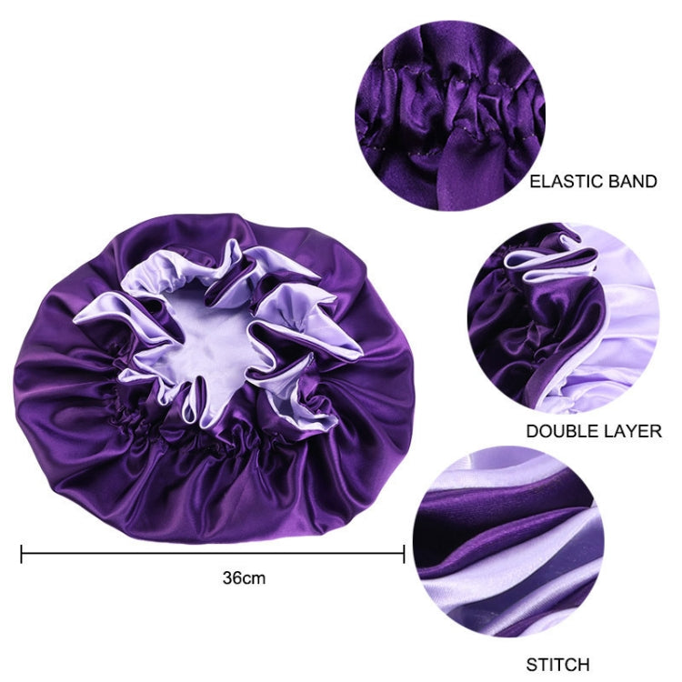 Purple satin round bonnet with double-layer ruffles and elastic band detail