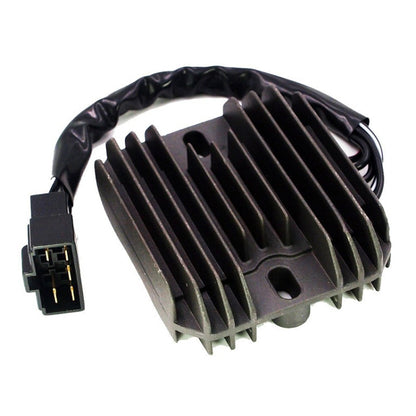 Motorcycle voltage rectifier/regulator with finned heatsink and two-pin connector