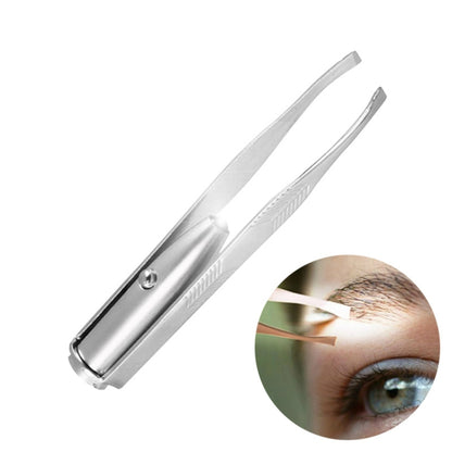 LED eyebrow tweezer set, chrome metal handles and angled tweezer tips