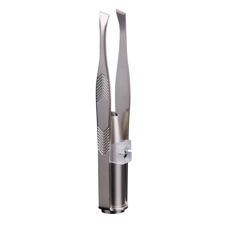 Compact chrome eyebrow tweezer tool with two open angled tips on stand