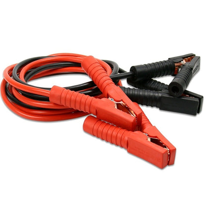 Insulated battery jumper cable with red alligator clips and black cable ends