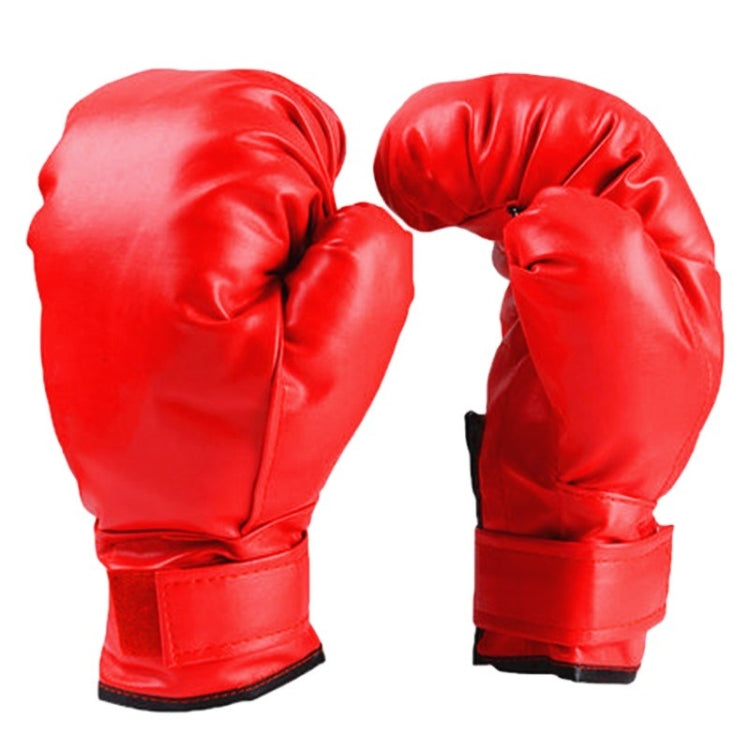 Pair of red Muay Thai style boxing gloves, padded fists and hook-and-loop cuffs.