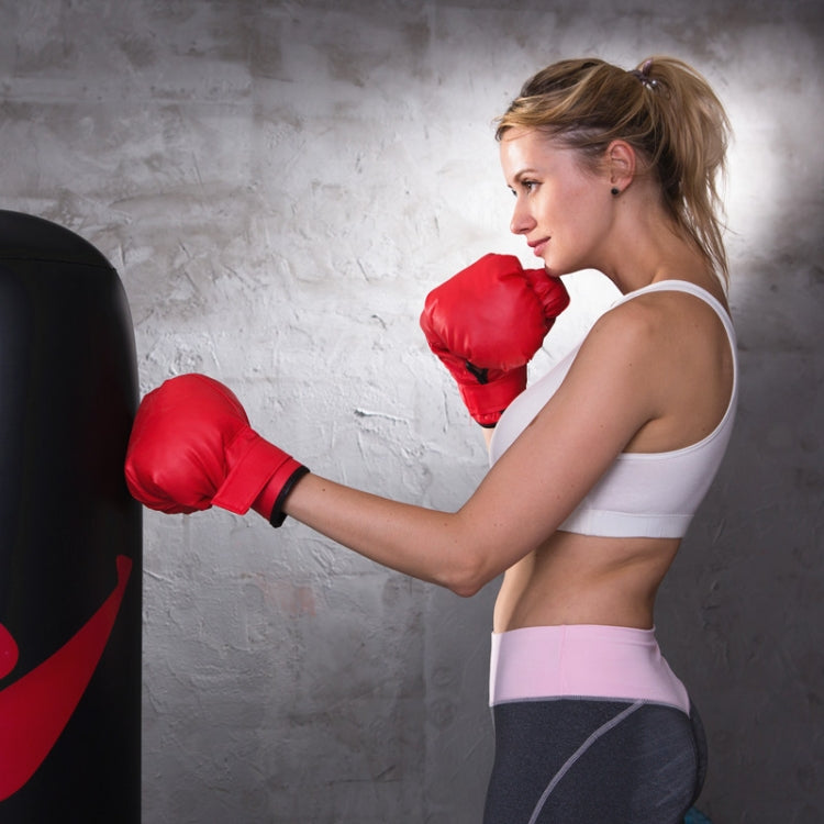 Red boxing gloves and fists raised, padded knuckles with black wrist strap.