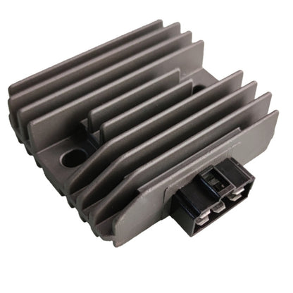 Motorcycle rectifier/regulator with metal cooling fins and two electrical connectors