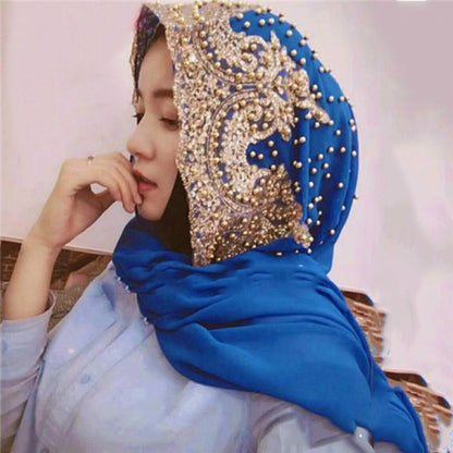 Blue chiffon headscarf with gold bead embroidery and ornate central motif, 170cm