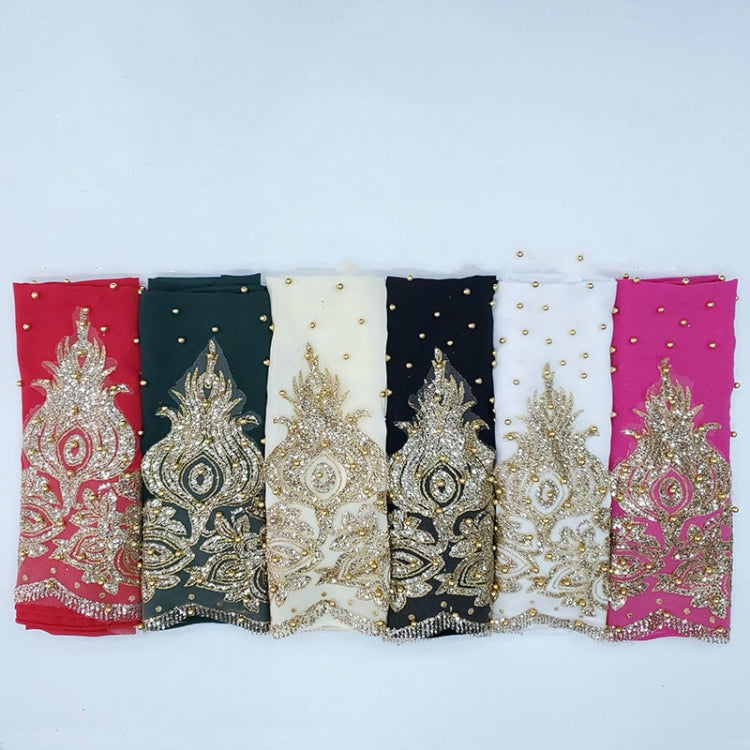 Assorted beaded chiffon long headscarves with gold motif panels in multiple colors