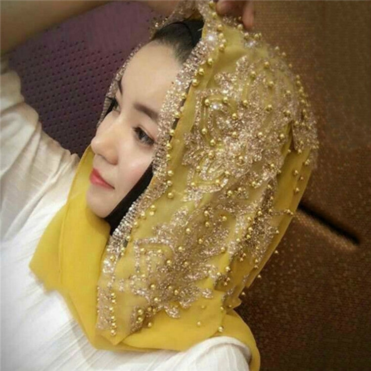 Yellow chiffon headscarf with dense gold bead embroidery and scalloped edges