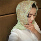 Light green chiffon headscarf with gold beadwork and decorative border
