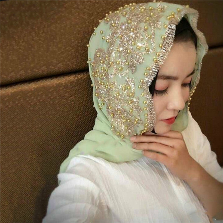 Light green chiffon headscarf with gold beadwork and decorative border