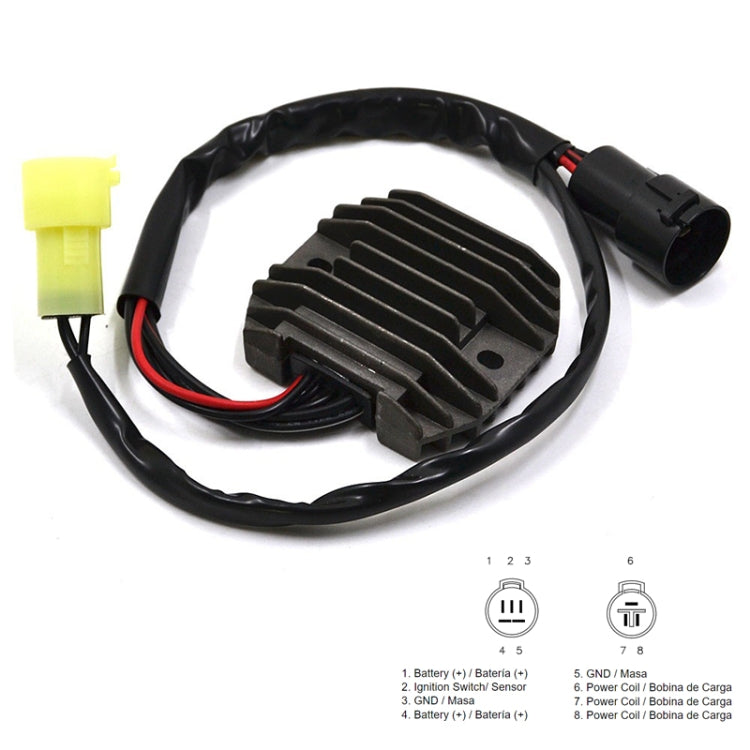 Motorcycle rectifier regulator with black heat-sink, bundled red/black wires, and plugs