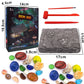 Gem dig toy set box, gray excavation rock, and orange tools with size measurements