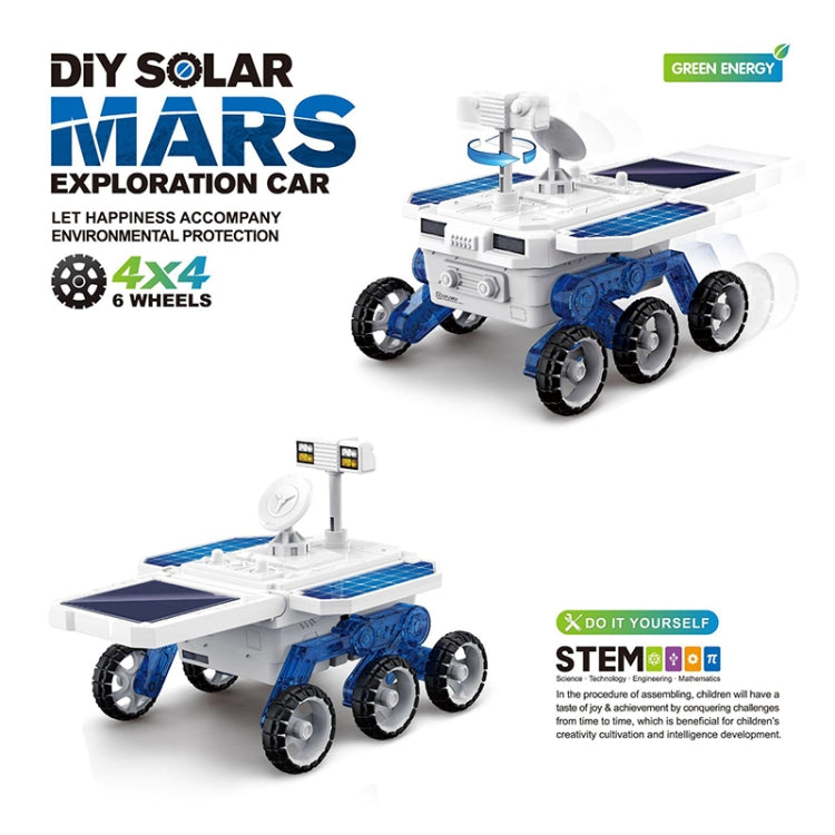 Assembled white and blue solar Mars exploration car toy with solar panels and six wheels.