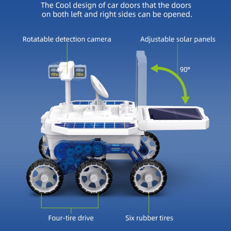 White solar Mars car toy with adjustable solar panels, camera mast, and six rubber tires.