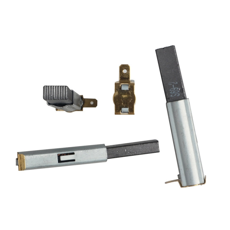 Motor carbon brush set with silver holders, dark pads, and metal contact clips