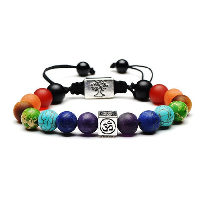 Multicolor bead yoga rope bracelet with black cord, silver tree charm and Om plate