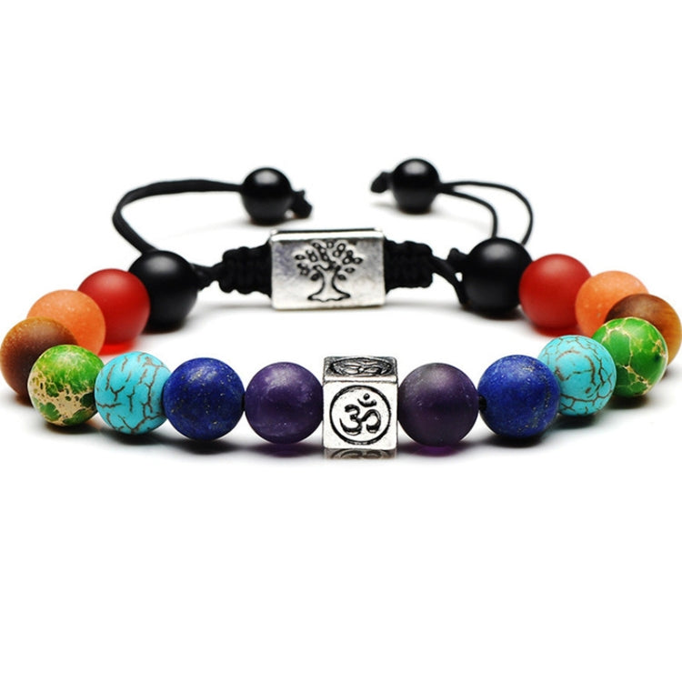 Multicolor beaded yoga rope bracelet with black cord, silver tree charm and Om centerpiece