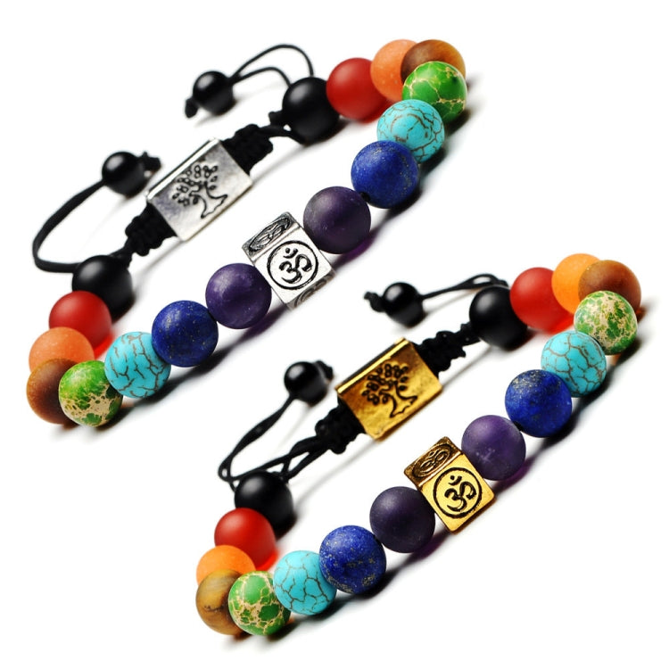 Multicolor bead yoga rope bracelet with black cord, gold tree charm and Om plates