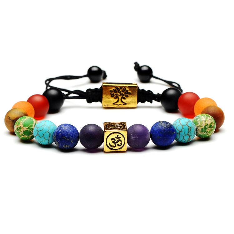 Multicolor bead yoga rope bracelet with black cord, gold tree charm and Om centerpiece