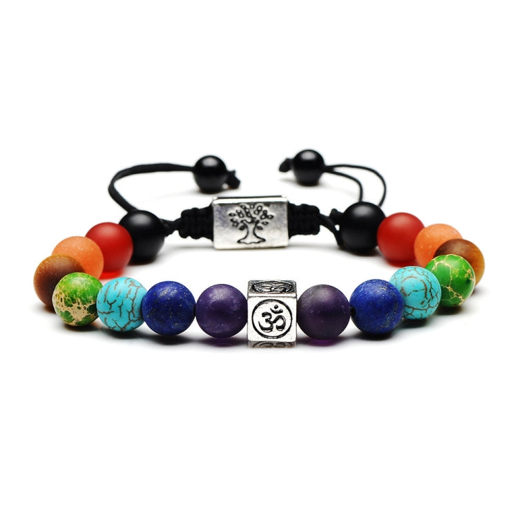 Multicolor bead yoga rope bracelet with black cord and silver tree charm with Om plate