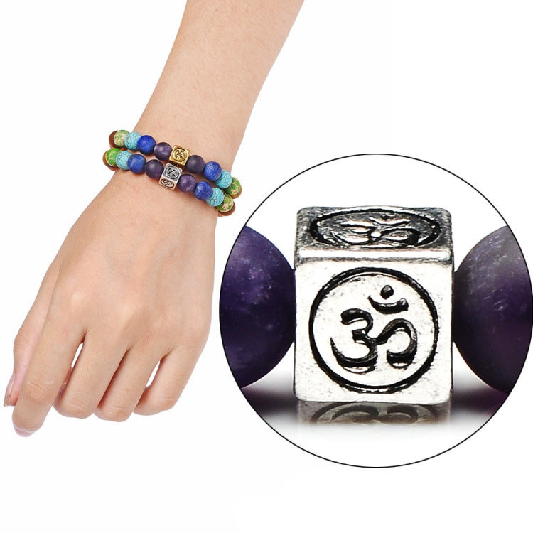 Wrist-worn multicolor bead yoga rope bracelet with silver Om charm plate
