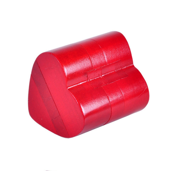 Red wooden barrel-shaped puzzle lock with interlocking carved segments