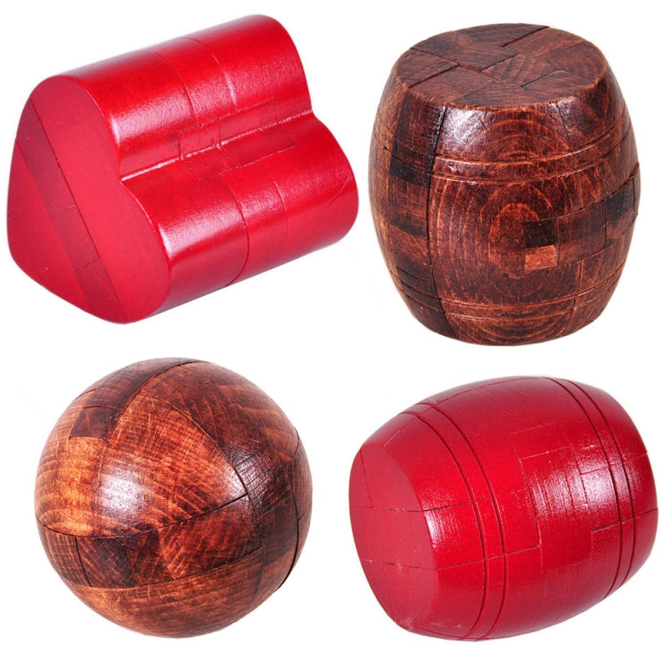 Set of red barrel and brown ball wooden puzzle locks