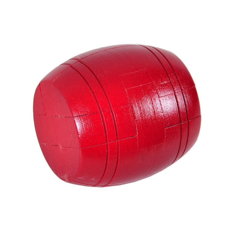 Red wooden barrel puzzle lock with carved rings and curved edges