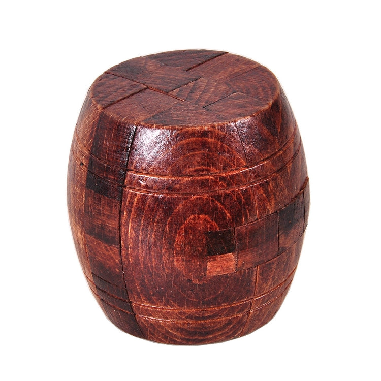 Brown wooden ball puzzle lock with carved grid and patch details