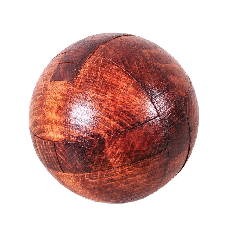 Brown wooden ball puzzle lock with glossy finish and carved geometric panels